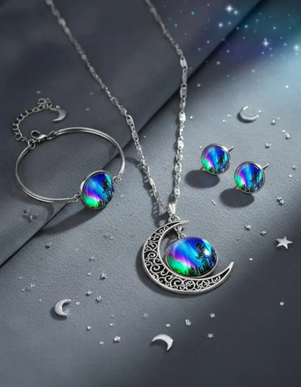 Set Collar Pulsera Aretes Galaxia Nebulosa Media Luna Mujer 51