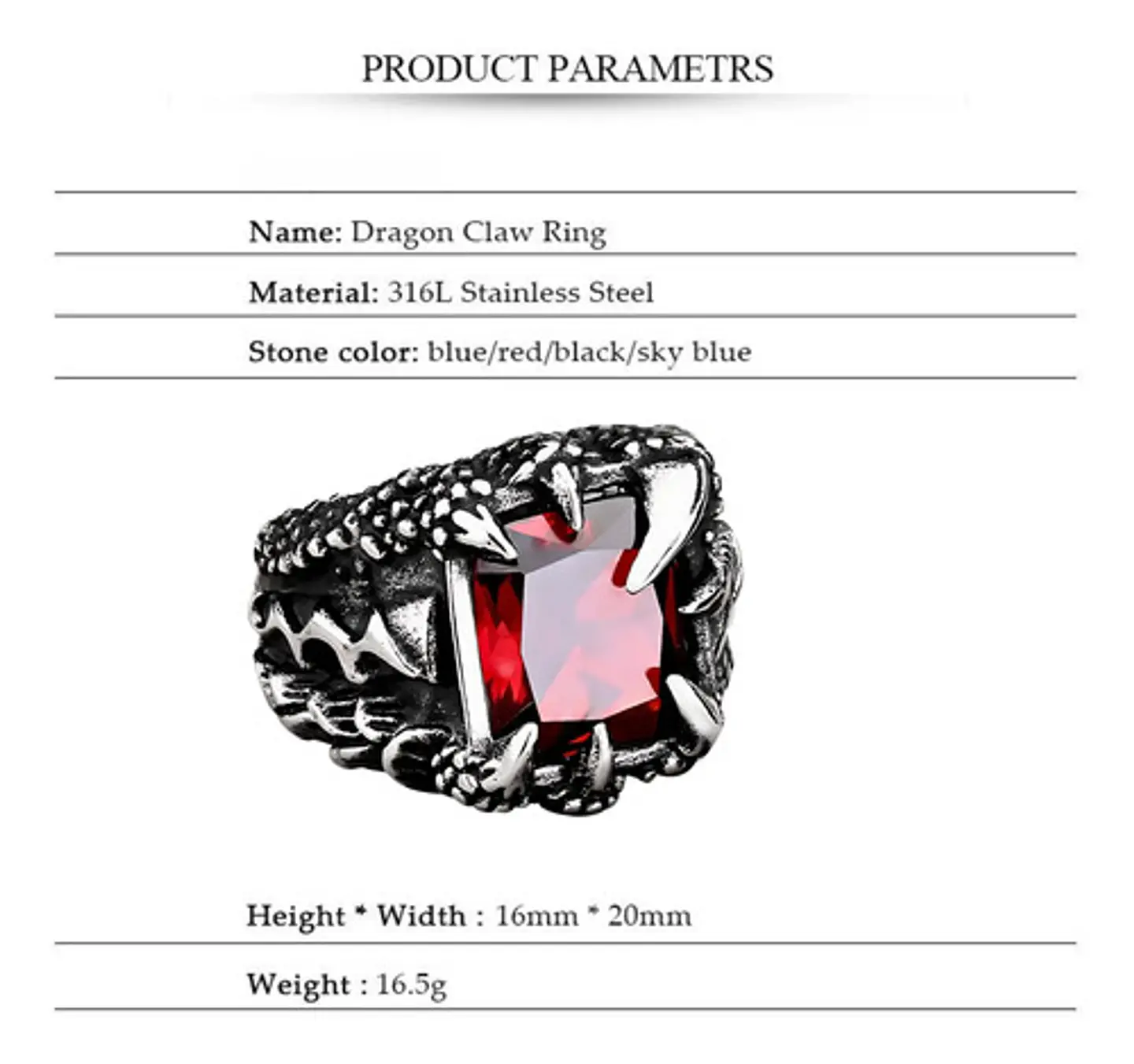 Anillo Acero Inoxidable Piedra Dragón Biker Punk Para Hombre 9