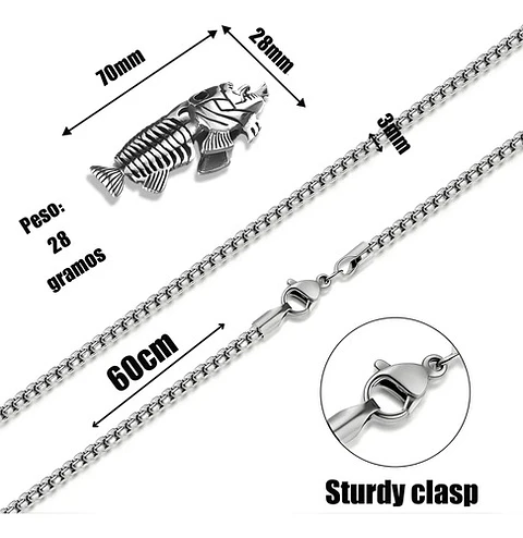 Collar Acero Inoxidable Color Plata Pescado Esqueleto Hombre