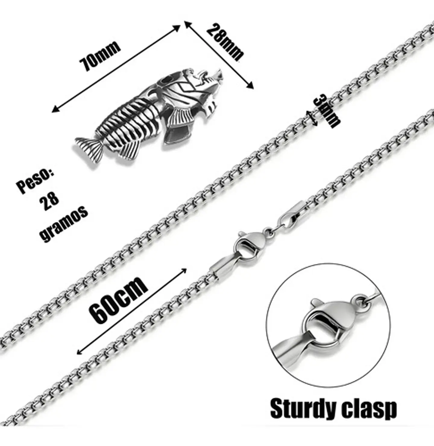 Collar Acero Inoxidable Color Plata Pescado Esqueleto Hombre 2