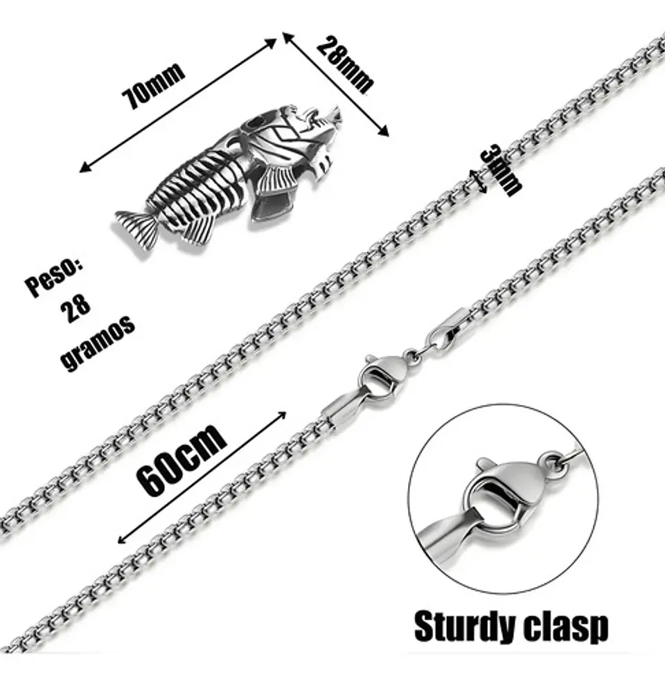 Collar Acero Inoxidable Color Plata Pescado Esqueleto Hombre 2