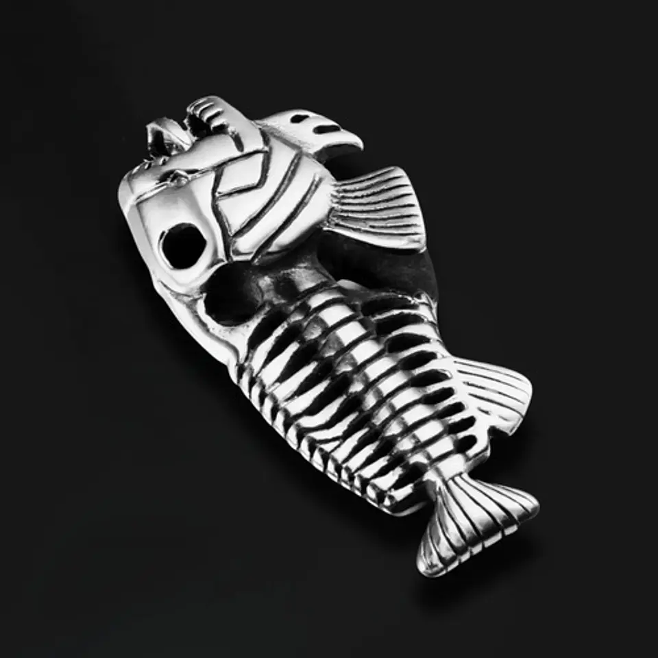 Collar Acero Inoxidable Color Plata Pescado Esqueleto Hombre 5