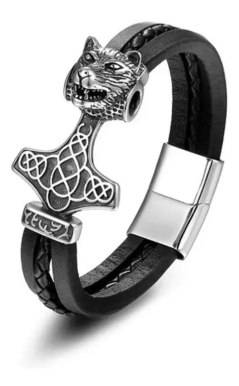 Pulsera Brazalete Acero Inoxidable Lobo Vikingo León Hombre