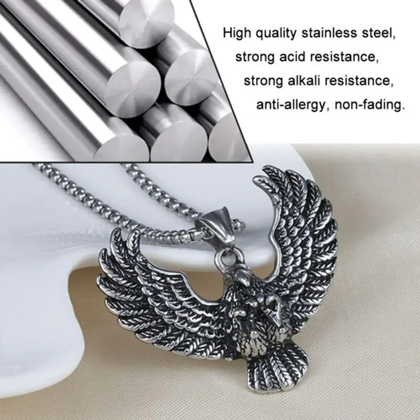 Collar Color Plata Acero Inoxidable Águila Biker Para Hombre 6
