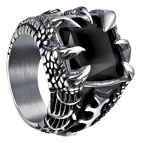 Anillo Acero Inoxidable Piedra Negr Dragón Biker Punk Hombre