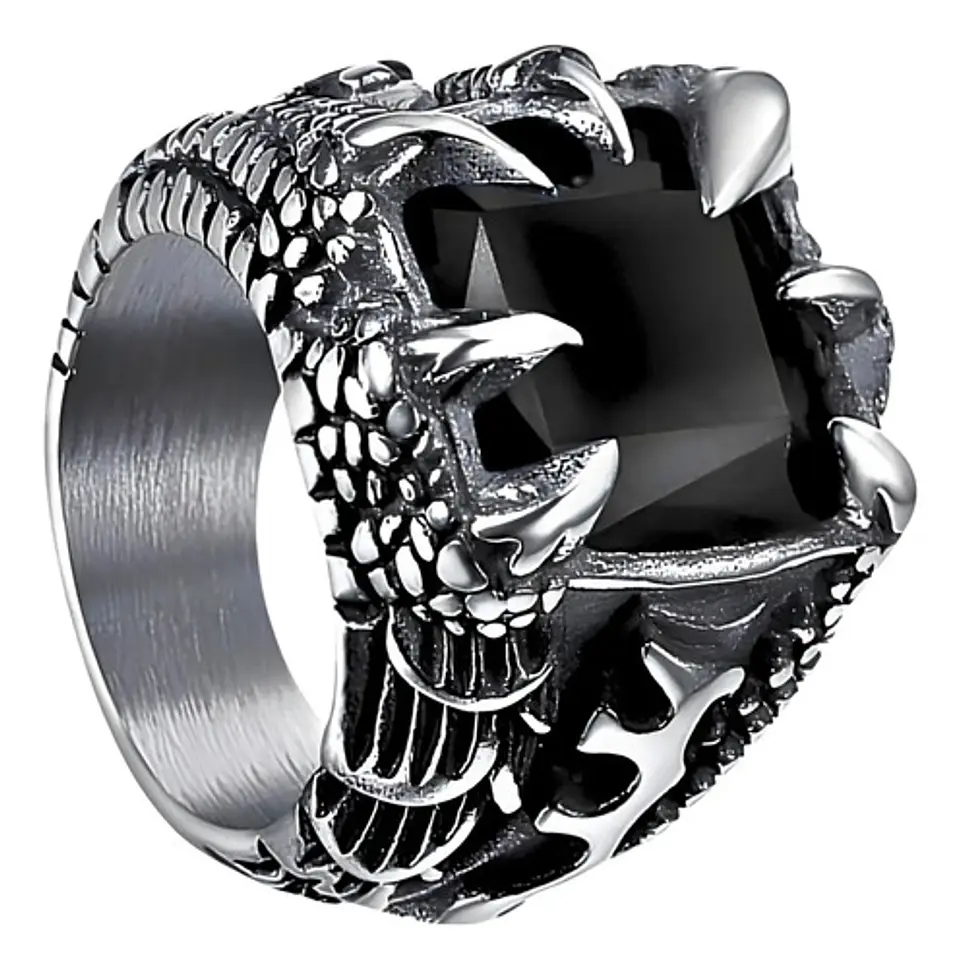 Anillo Acero Inoxidable Piedra Negr Dragón Biker Punk Hombre 1