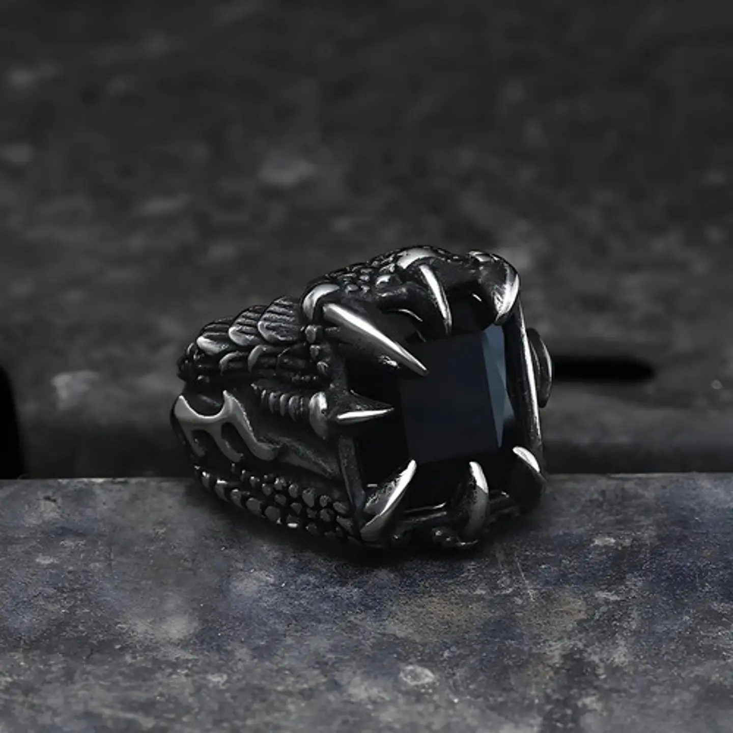 Anillo Acero Inoxidable Piedra Negr Dragón Biker Punk Hombre 8