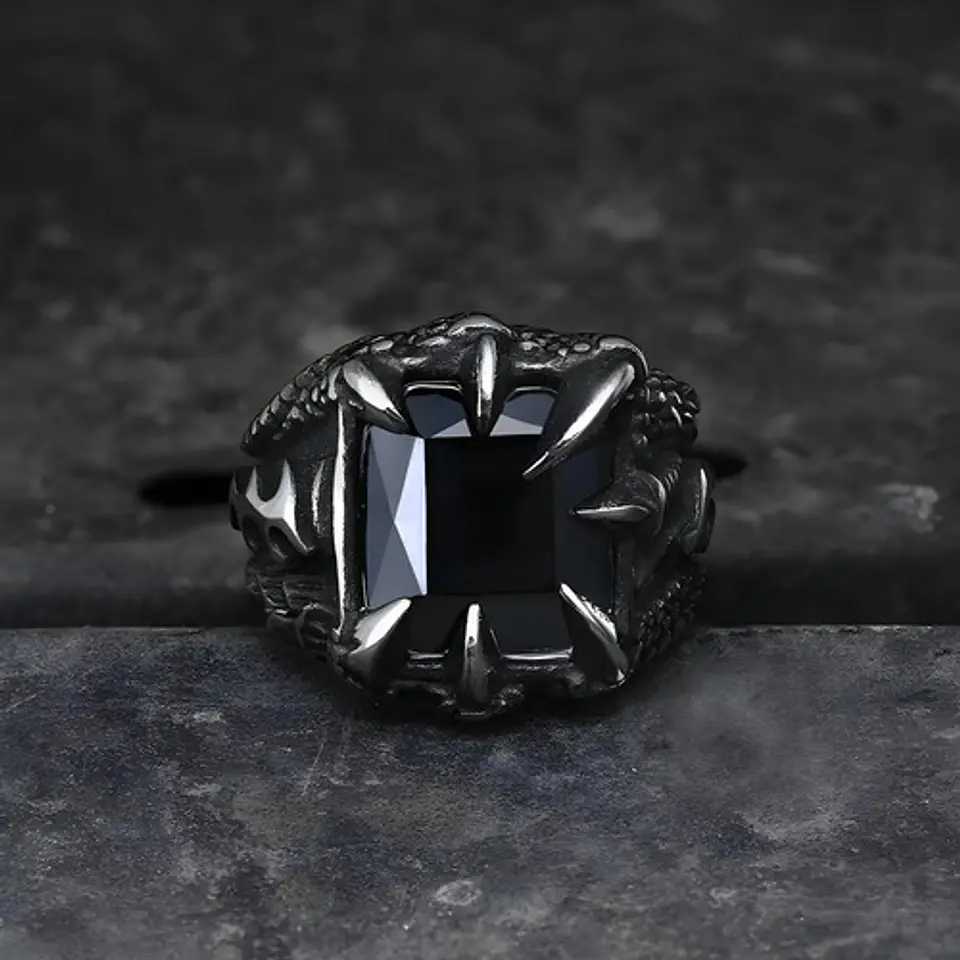 Anillo Acero Inoxidable Piedra Negr Dragón Biker Punk Hombre 9