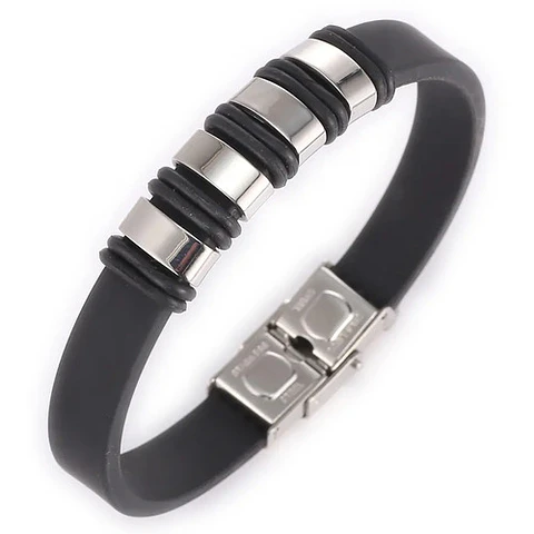 Pulsera Brazalete En Goma Caucho Acero Inoxidable Hombre 