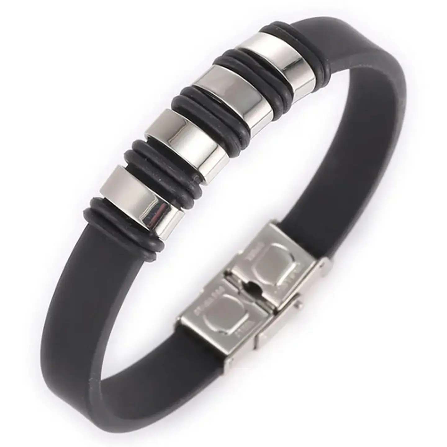 Pulsera Brazalete En Goma Caucho Acero Inoxidable Hombre  1