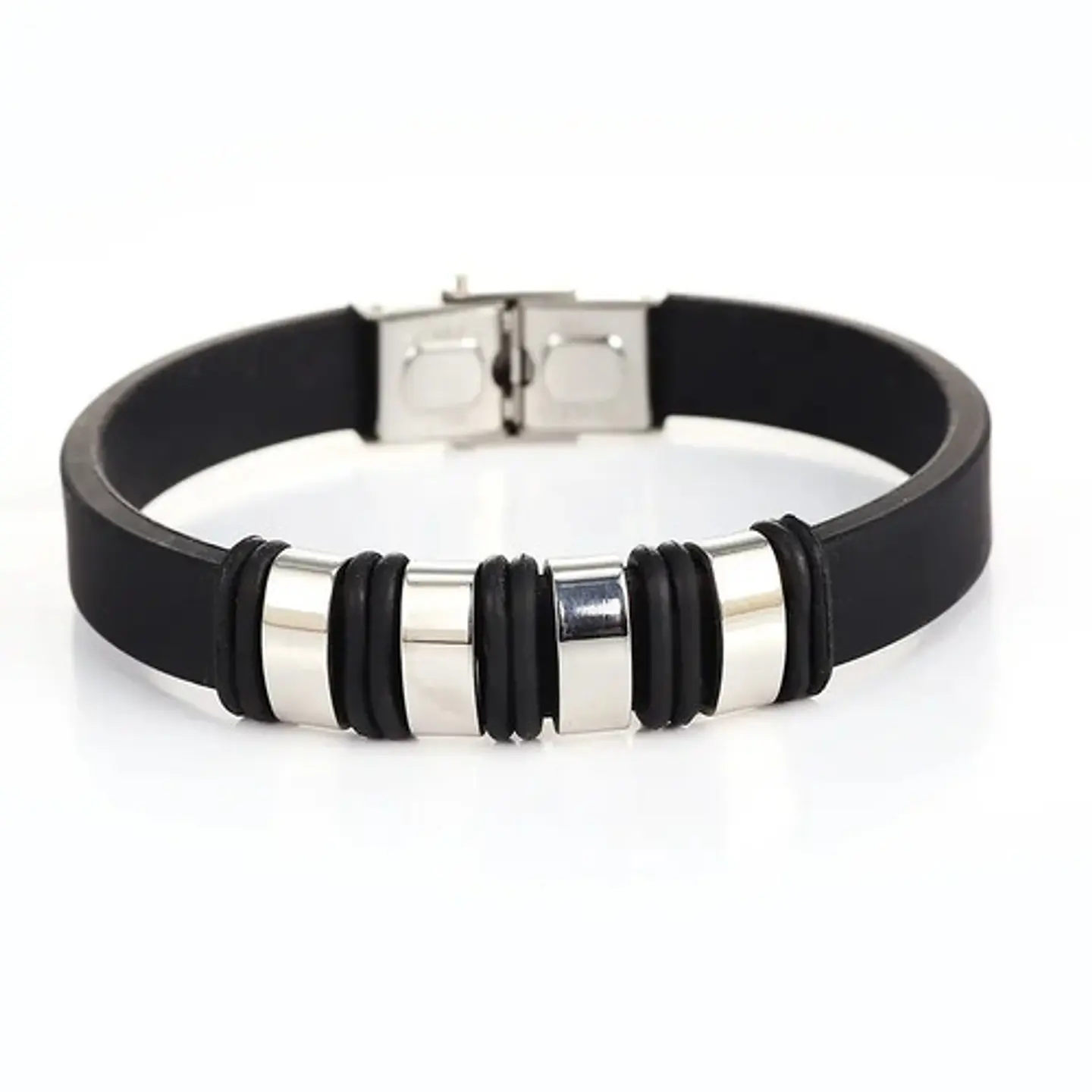 Pulsera Brazalete En Goma Caucho Acero Inoxidable Hombre  3