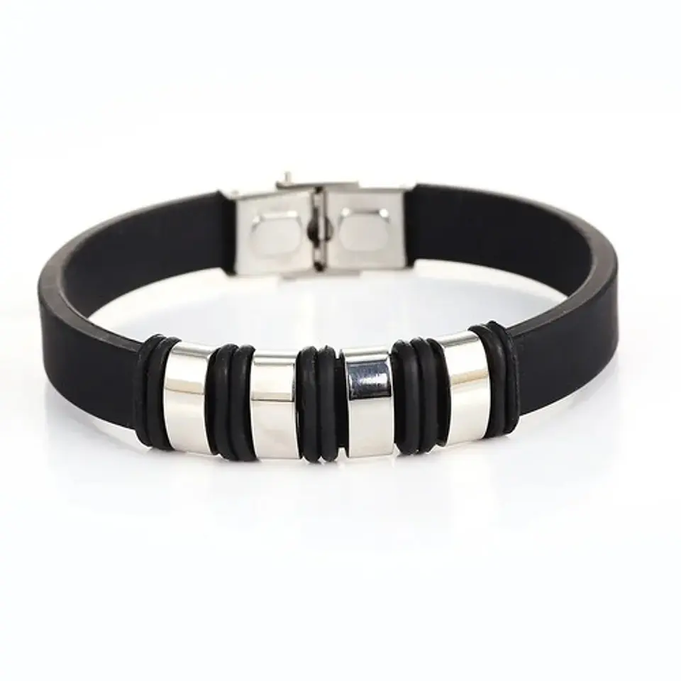 Pulsera Brazalete En Goma Caucho Acero Inoxidable Hombre  3