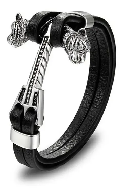 Brazalete Pulsera Cuero Thor Tigre Acero Inoxidable Hombre