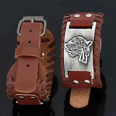 Pulsera Brazalete Cuero Slavo Lobo Odin Vikingo Para Hombre