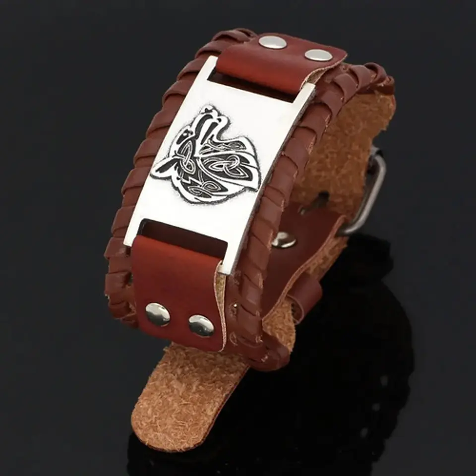 Pulsera Brazalete Cuero Slavo Lobo Odin Vikingo Para Hombre 3