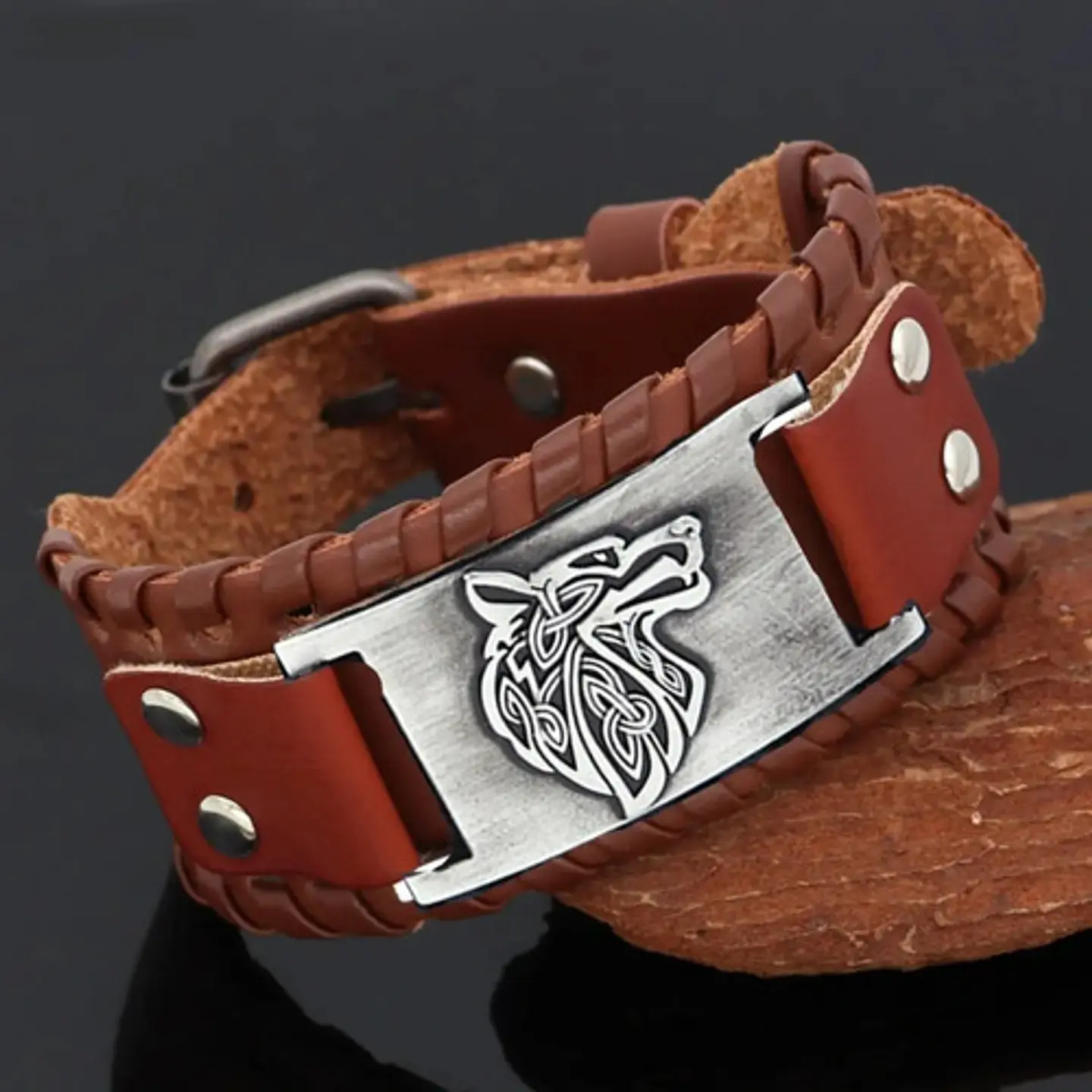 Pulsera Brazalete Cuero Slavo Lobo Odin Vikingo Para Hombre 4