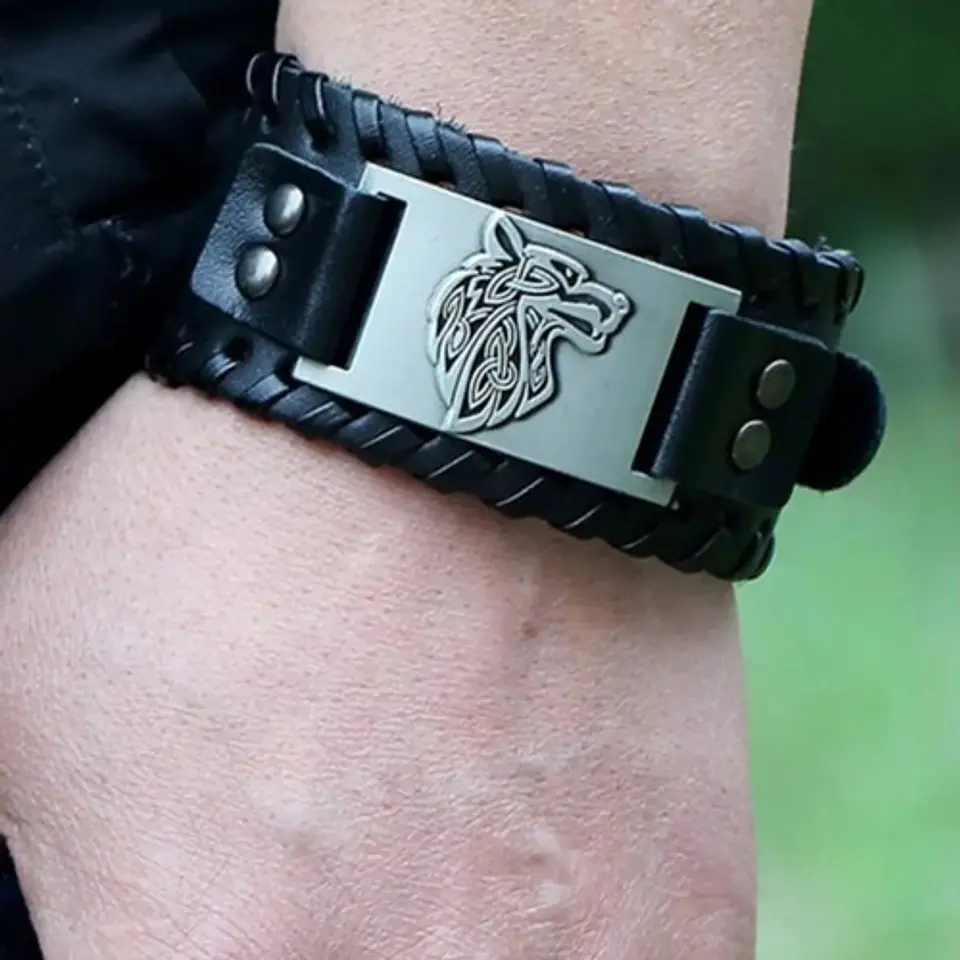Pulsera Brazalete Cuero Slavo Lobo Odin Vikingo Para Hombre 12