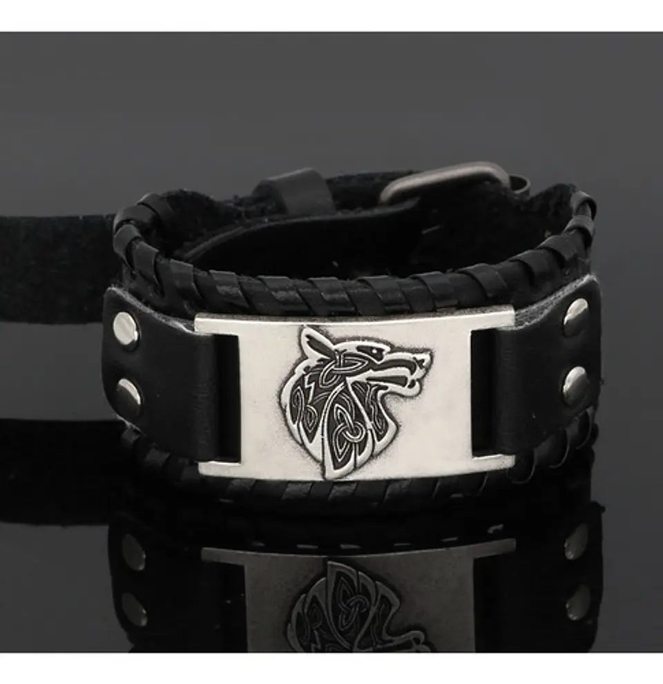 Pulsera Brazalete Cuero Slavo Lobo Odin Vikingo Para Hombre 13