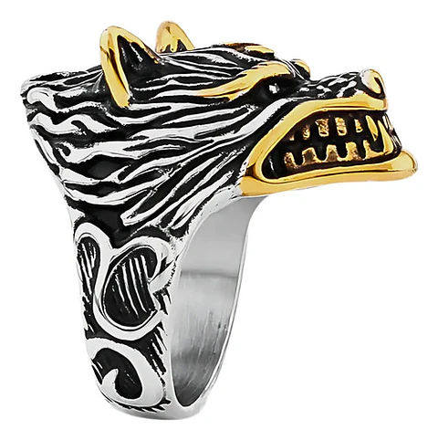 Anillo Color Plata Lobo Vikingo Acero Inoxidable Para Hombre