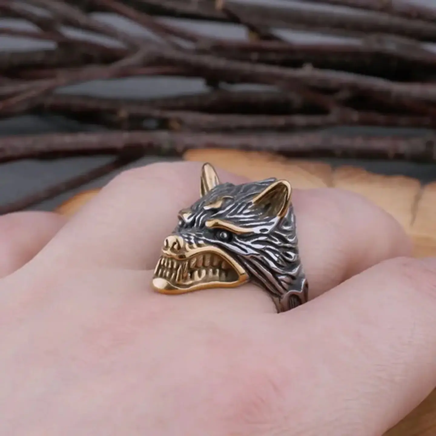 Anillo Color Plata Lobo Vikingo Acero Inoxidable Para Hombre 10