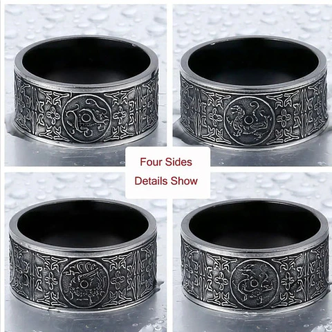 Anillo Cultura Chino Cuatro Animales Acero Inoxidable Hombre