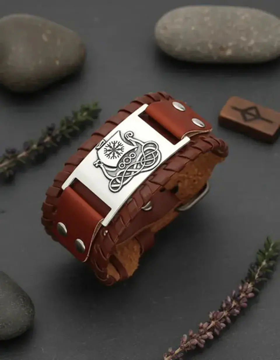 Pulsera Para Hombre Brazalete De Cuero Dragón Vikingo 8