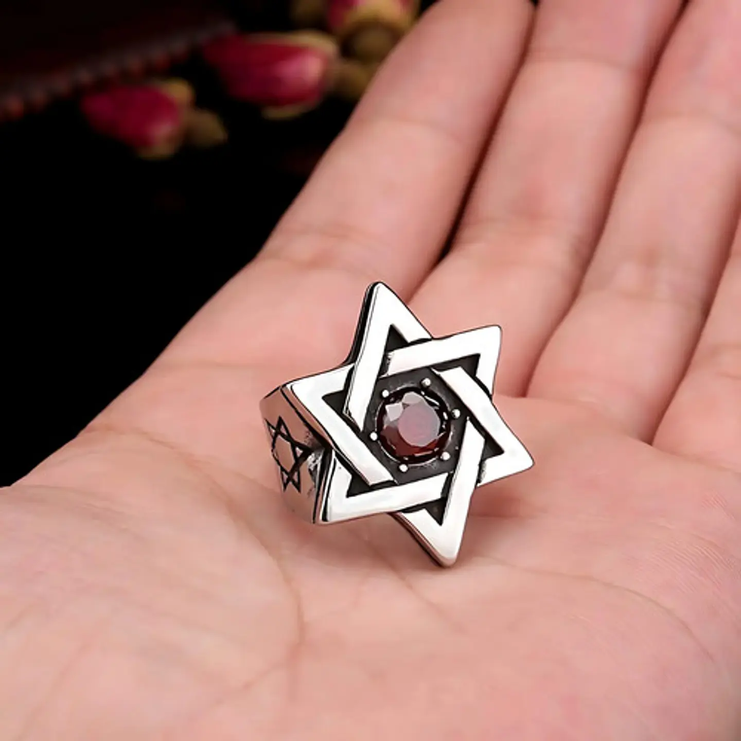 Anillo Estrella De David Acero Inoxidable Piedra Para Hombre 5