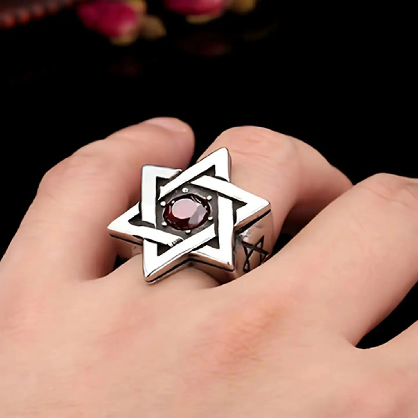 Anillo Estrella De David Acero Inoxidable Piedra Para Hombre 6