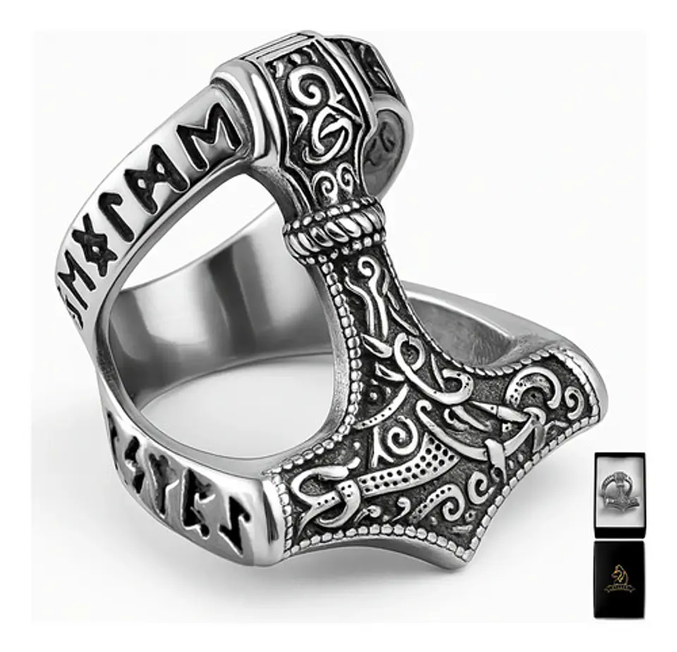Anillo Hombre Martillo Thor Mjolnir Vikingo Nórdico De Acero 8