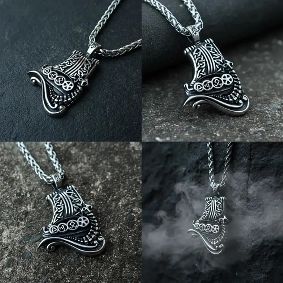 Collar Vikingo De Acero Para Hombre Mujer Dije Barco Drakkar 10
