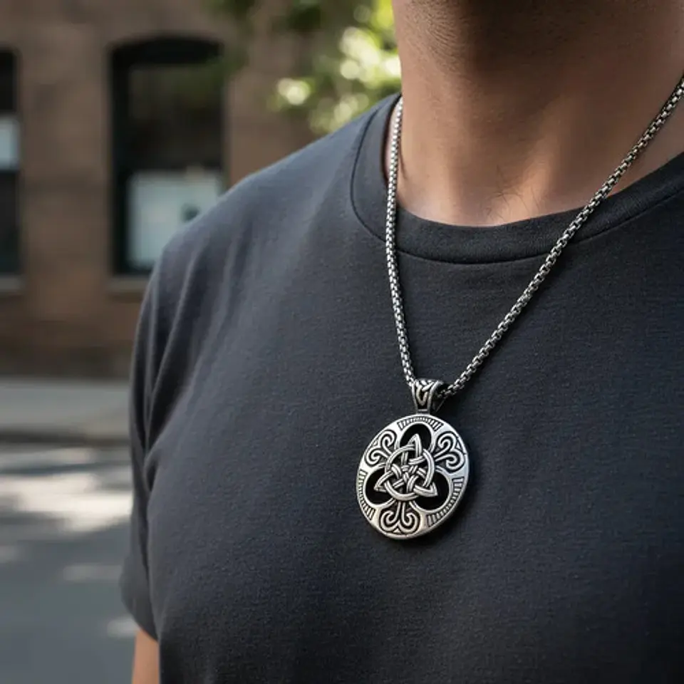 Collar De Acero Para Hombre Dije Amuleto Nudo Celta Triqueta 2