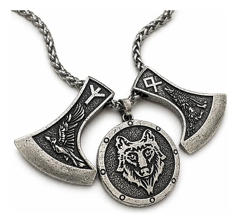 Collar Vikingo Para Hombres Dijes Hachas Y Medallón Lobo