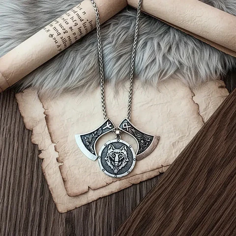 Collar Vikingo Para Hombres Dijes Hachas Y Medallón Lobo