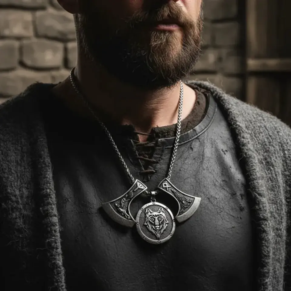 Collar Vikingo Para Hombres Dijes Hachas Y Medallón Lobo 3