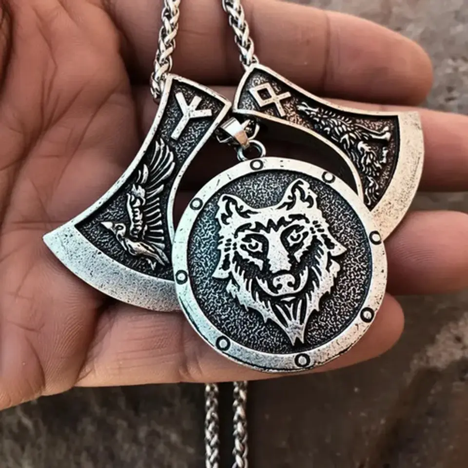 Collar Vikingo Para Hombres Dijes Hachas Y Medallón Lobo 5