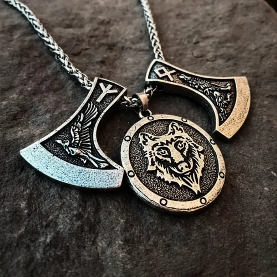 Collar Vikingo Para Hombres Dijes Hachas Y Medallón Lobo 6