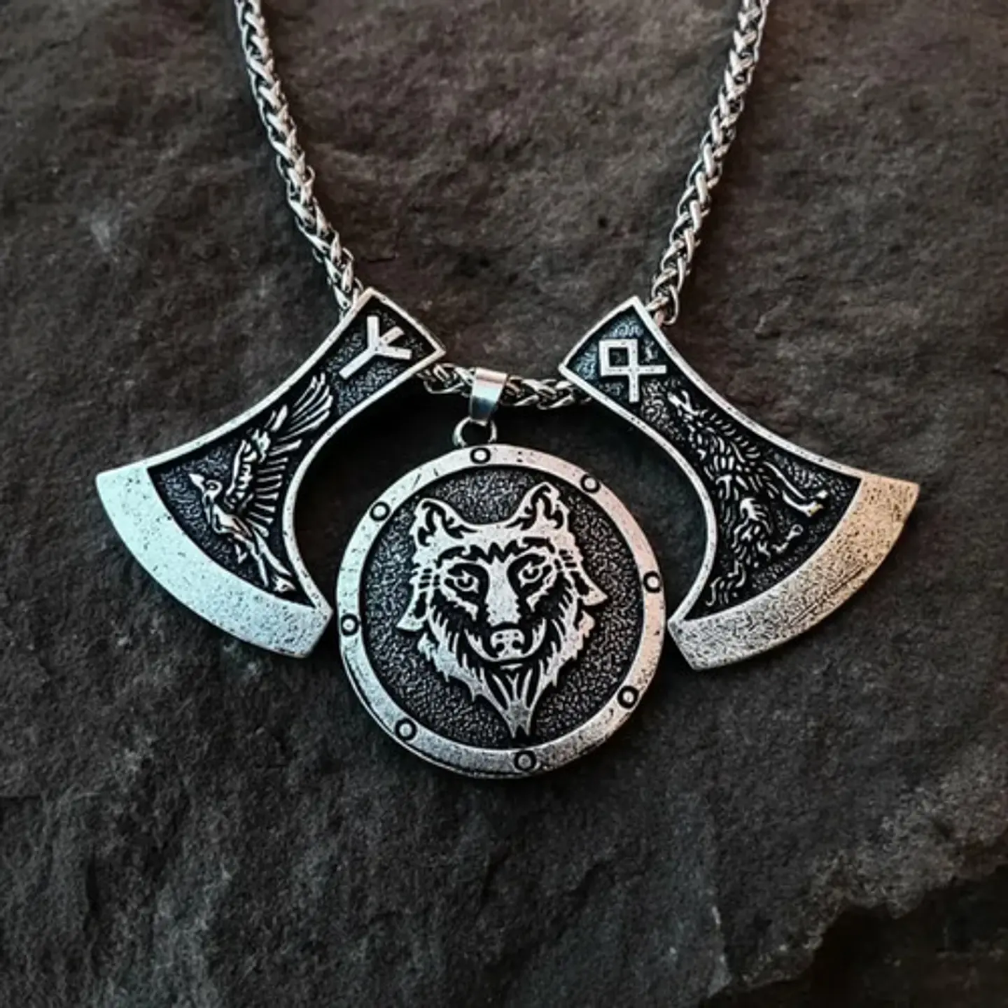 Collar Vikingo Para Hombres Dijes Hachas Y Medallón Lobo 8