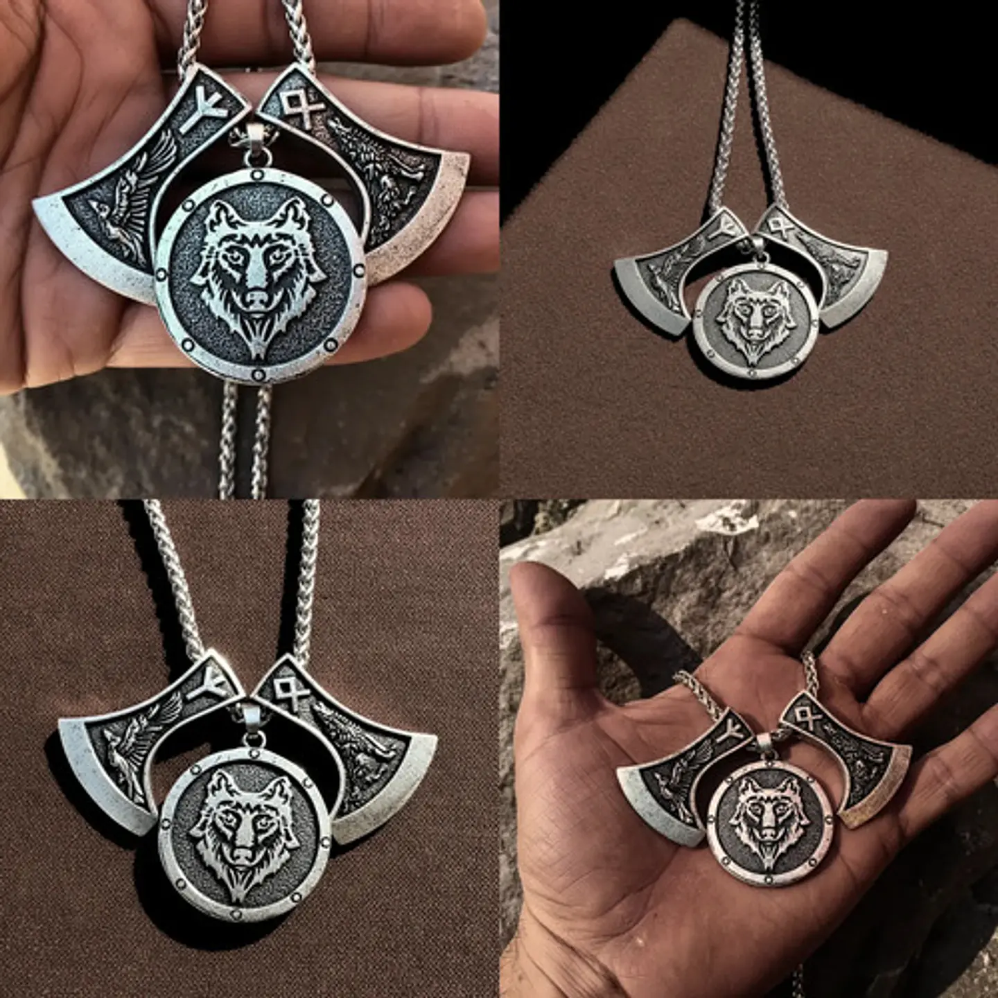 Collar Vikingo Para Hombres Dijes Hachas Y Medallón Lobo 10