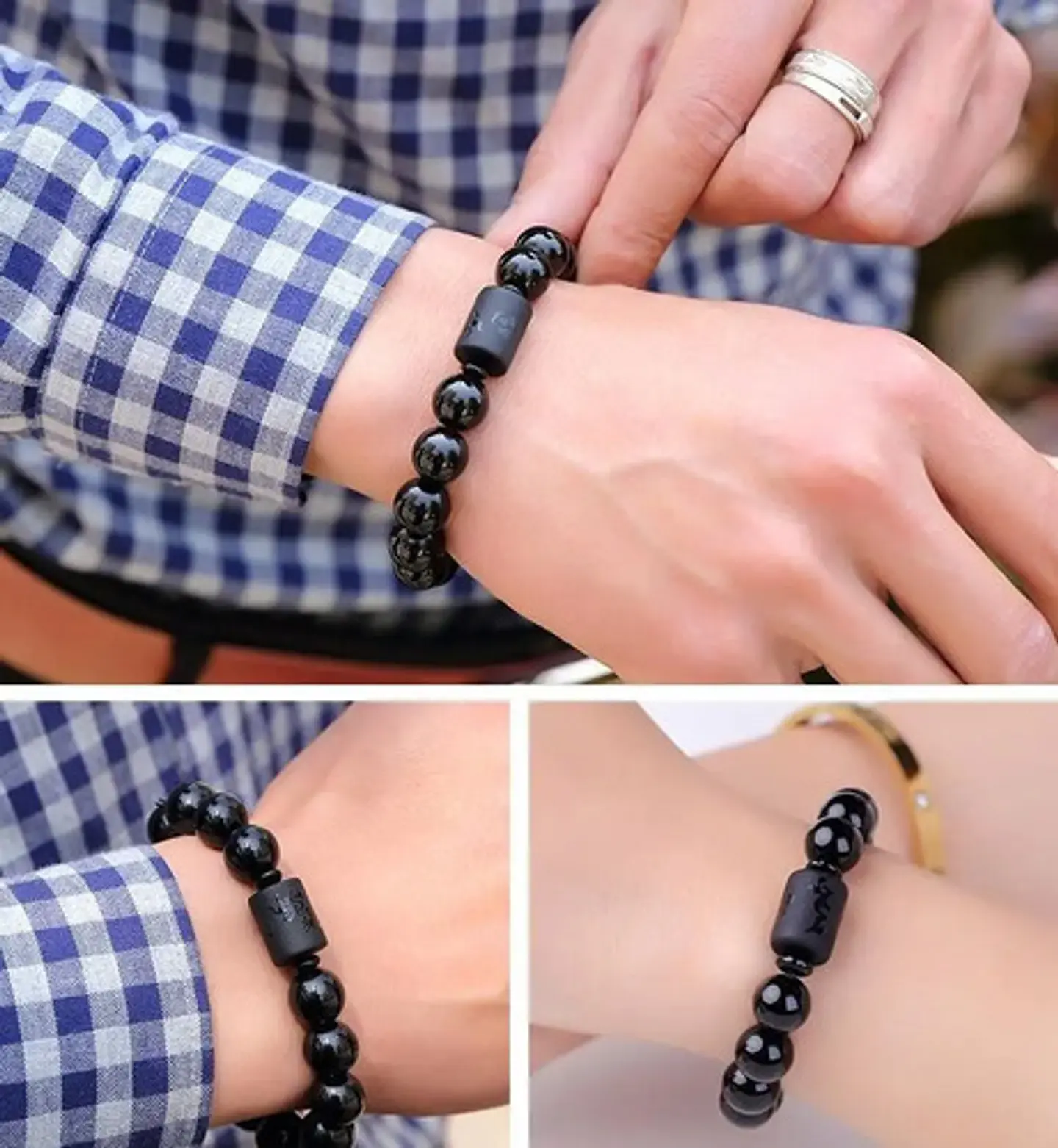 Pulsera De Pareja Yoga Piedras Obsidiana Negra Mujer Hombre 3