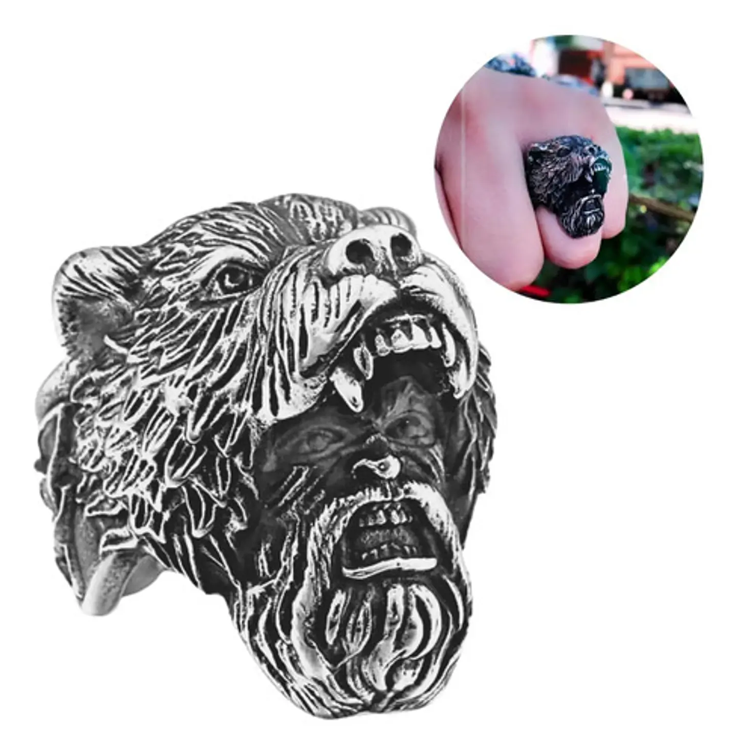 Anillo Guerrero Vikingo Piel De Oso Acero Inoxidable Hombre 1