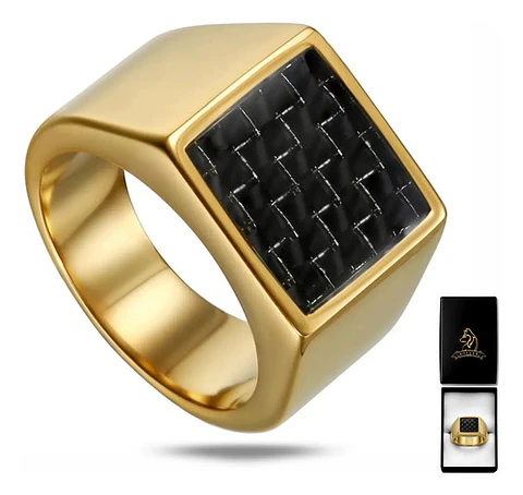 Anillo Piedra De Carbono Color Oro Acero Inoxidable Hombre