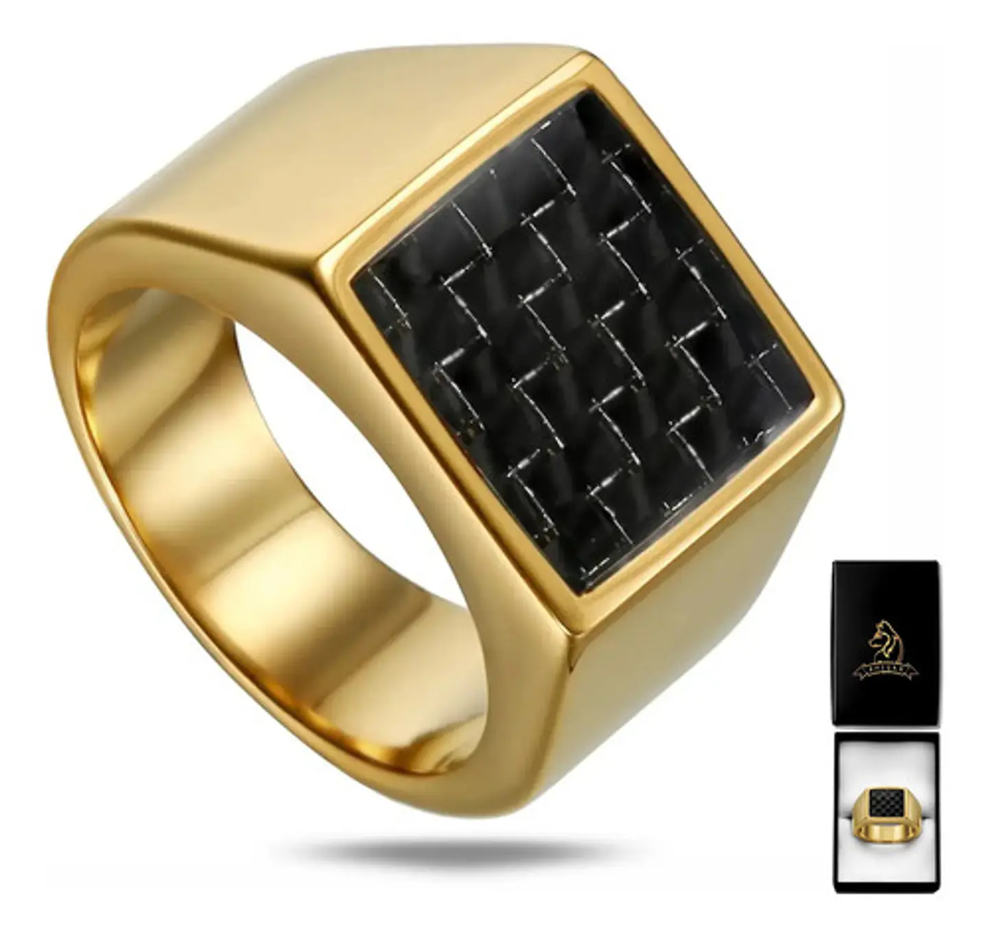 Anillo Piedra De Carbono Color Oro Acero Inoxidable Hombre 1