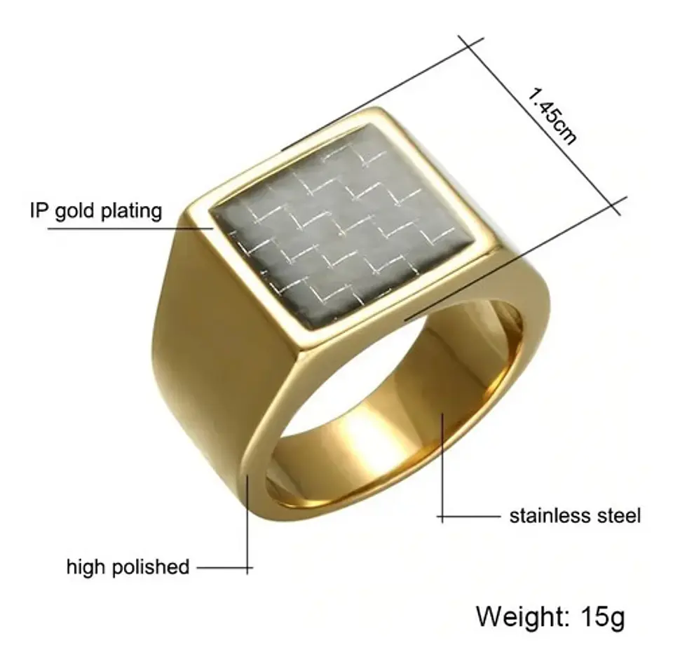 Anillo Piedra De Carbono Color Oro Acero Inoxidable Hombre 2