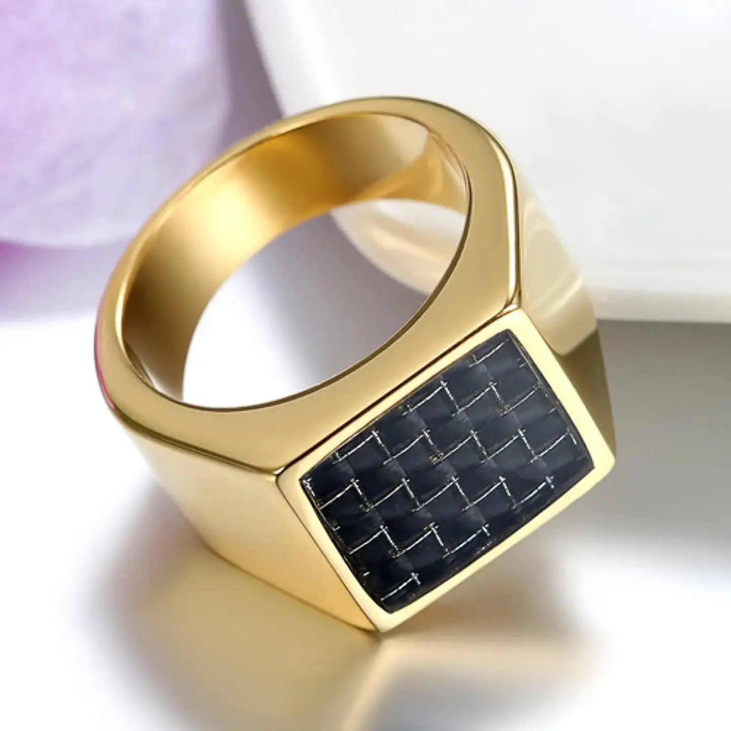 Anillo Piedra De Carbono Color Oro Acero Inoxidable Hombre 4