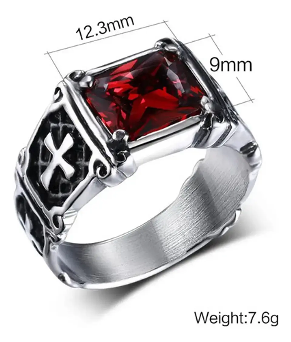 Anillo Piedra Roja Cruz Templario Acero Inoxidable Hombre 2