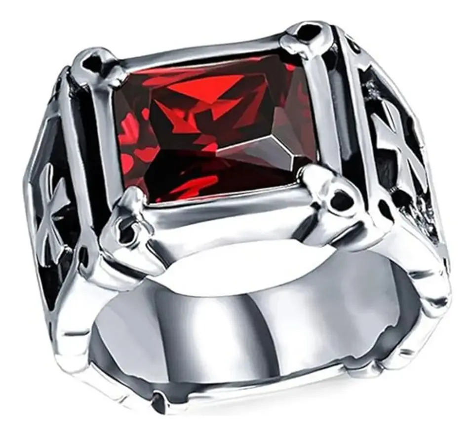 Anillo Piedra Roja Cruz Templario Acero Inoxidable Hombre 3