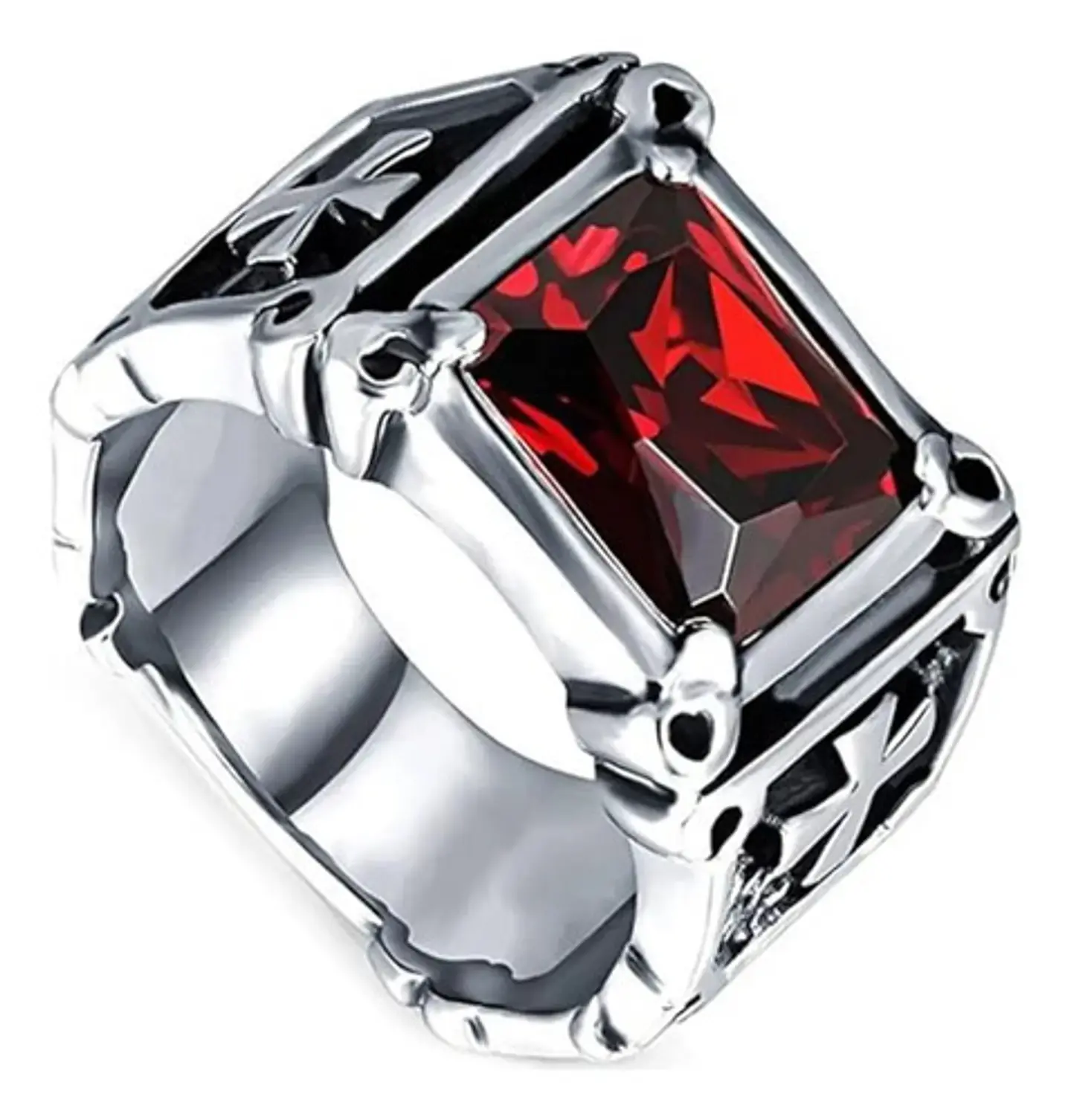Anillo Piedra Roja Cruz Templario Acero Inoxidable Hombre 4