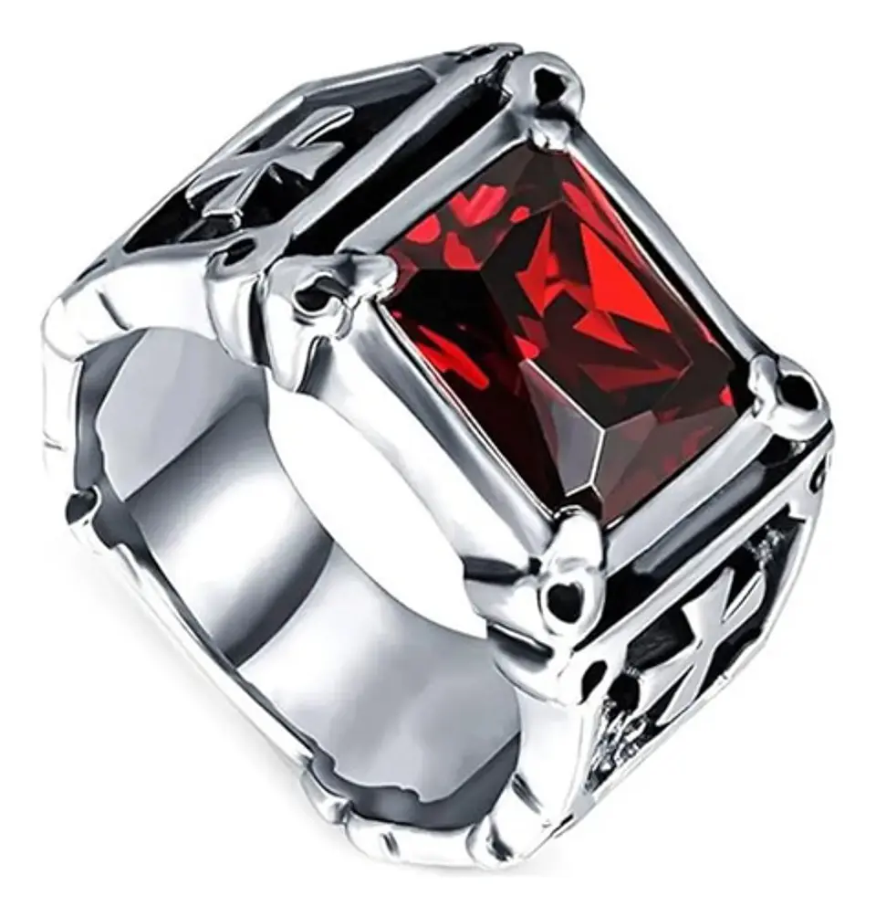 Anillo Piedra Roja Cruz Templario Acero Inoxidable Hombre 4