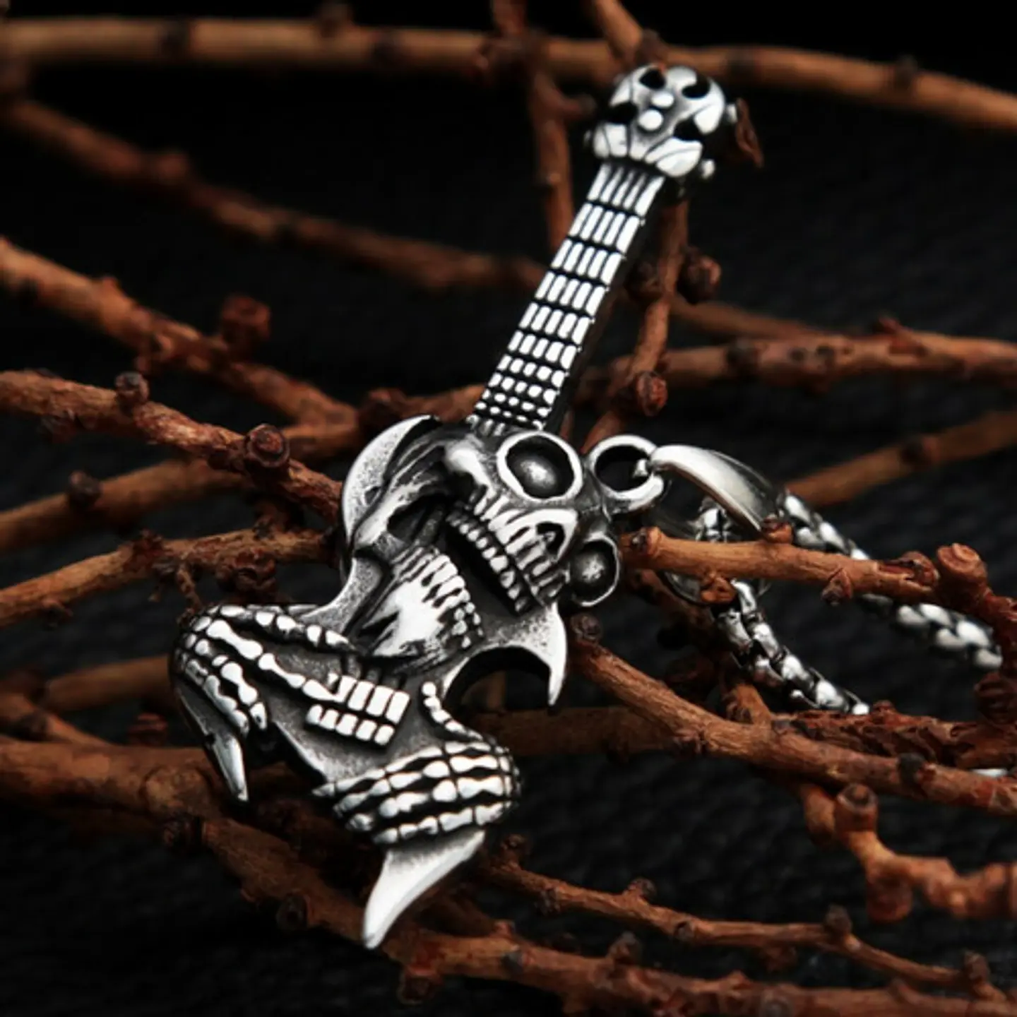 Collar Cráneo Guitarra Rock Metal Acero Inoxidable Hombre 14