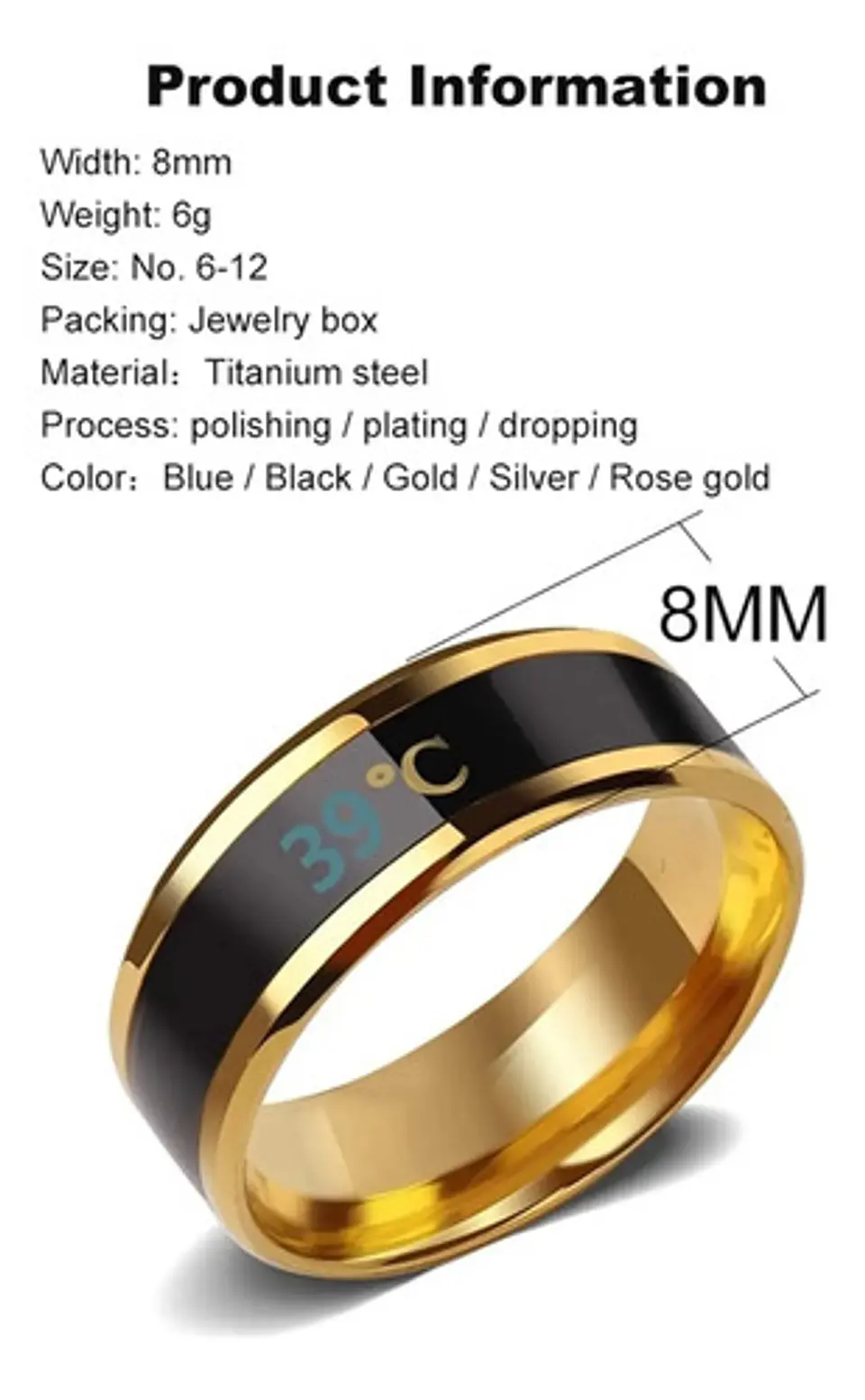 Anillo Termómetro Cambio Temperatura Acero Inoxidable Hombre 16